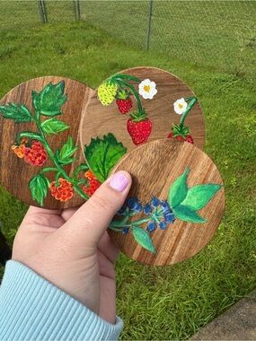 Hand-Painted Wooden Fruit Coasters - Strawberry, Blueberry, Salmonberry